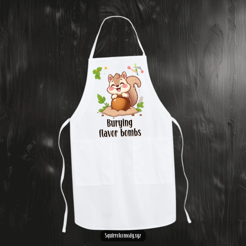 Funny apron depicting a fluffy squirrel character excitedly burying a giant acorn, perfect for cheerful kitchen activities.