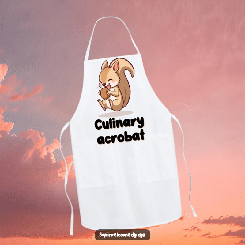 Funny apron depicting a squirrel doing a somersault with a nut in its mouth, perfect for kitchen humor and agile cooks.