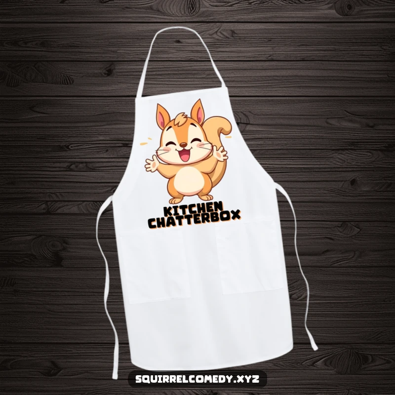 Funny apron depicting a squirrel gesturing wildly with its paws, perfect for kitchen humor and lively culinary artists.