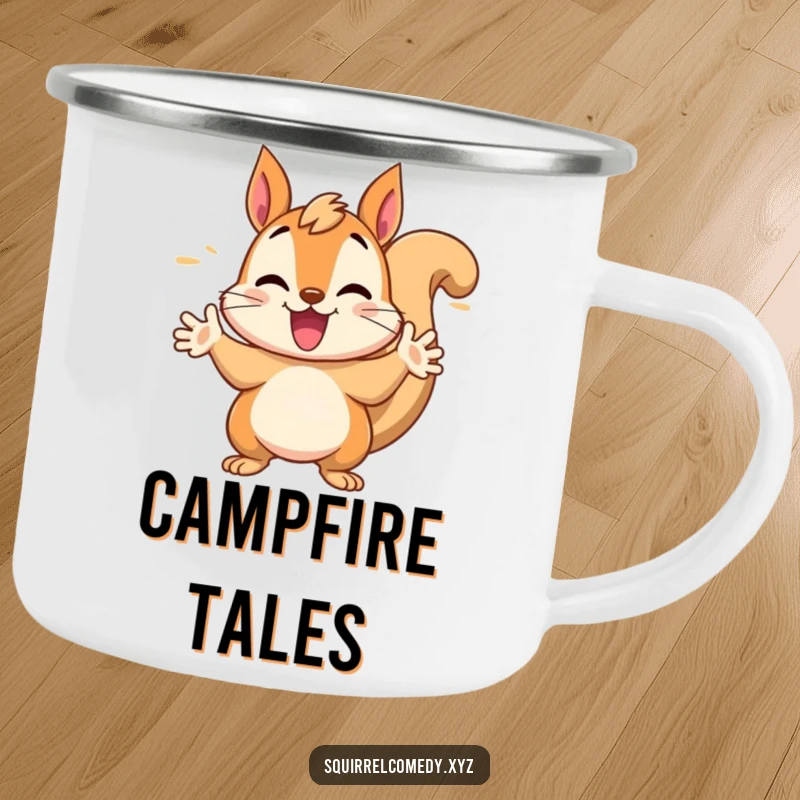 Funny camping mug showing a chattering squirrel character gesturing wildly with its paws, ready for outdoor conversations and laughs.