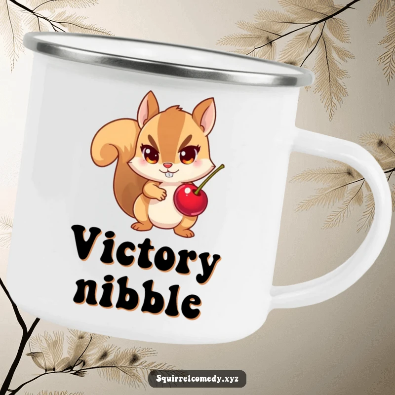 Funny camping mug showing a squirrel with a stolen cherry, mischievous eyes, ready for outdoor adventures and laughs.