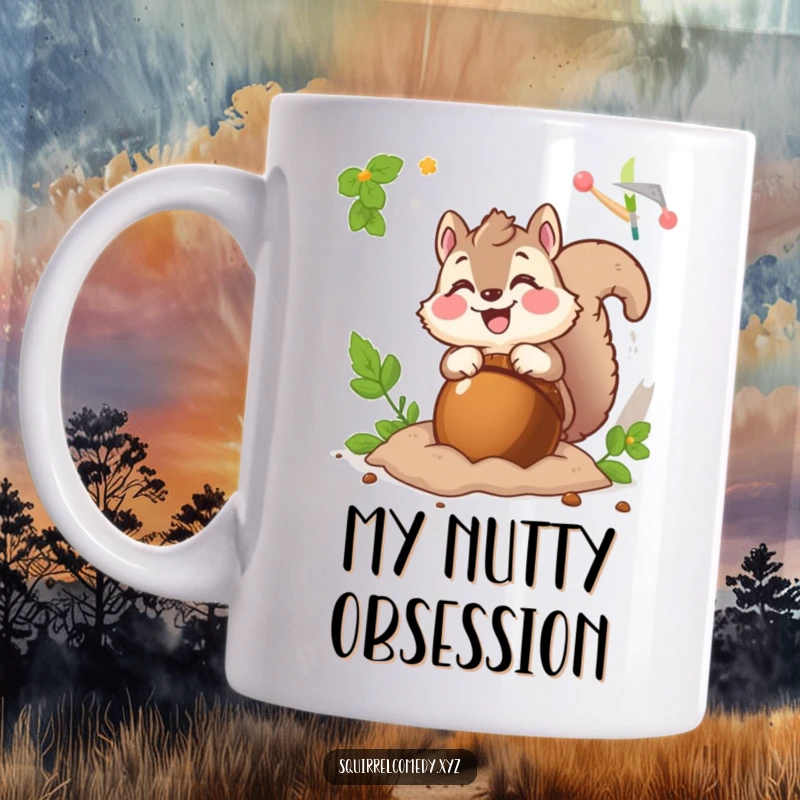 Funny mug showing a happy, fluffy squirrel character excitedly burying a giant acorn with a huge grin.