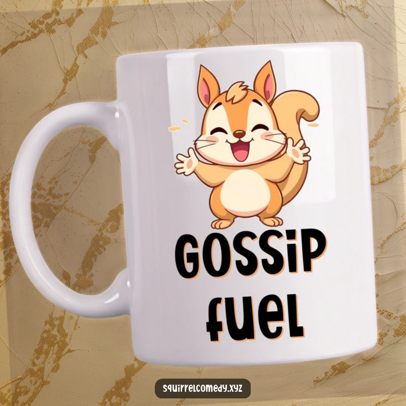 Funny mug showing a chattering squirrel character gesturing wildly with its paws, conveying enthusiastic and energetic conversation.
