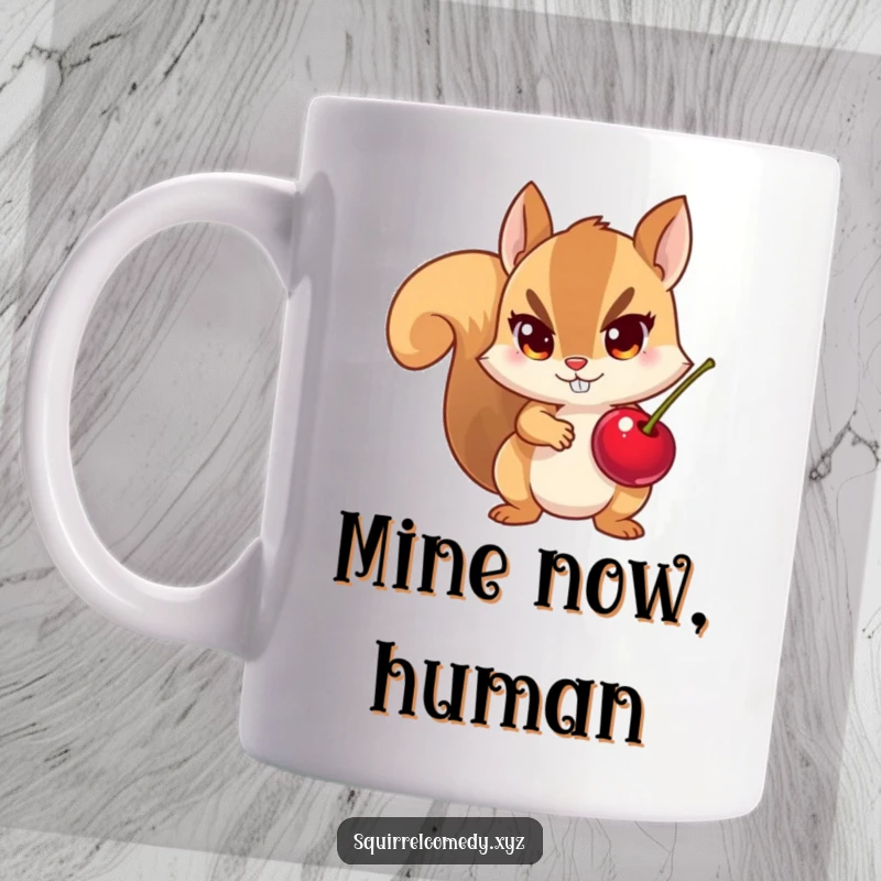 Funny mug showing a small squirrel with mischievous eyes, caught in the act of stealing a bright red cherry, perfect for humor lovers.