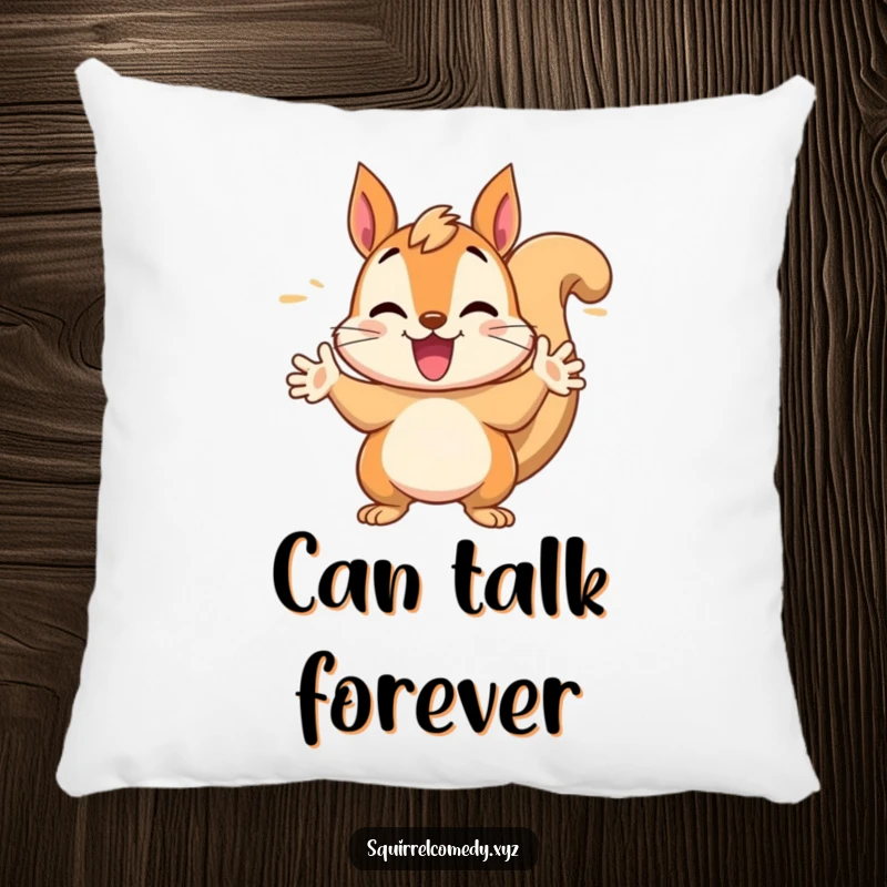 Funny pillow showcasing an energetic squirrel character gesturing wildly with its paws, perfect for adding humor to any room.
