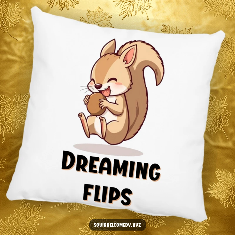 Funny pillow showcasing a squirrel doing a somersault with a nut in its mouth, perfect for adding playful energy to decor.