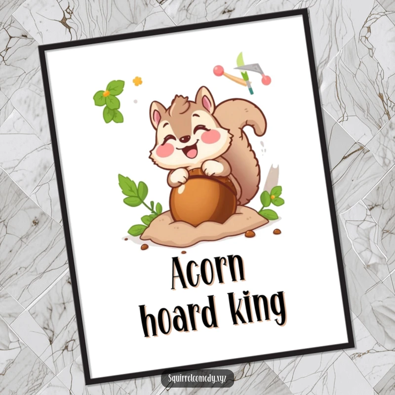 Funny digital art print of a fluffy squirrel character excitedly burying a giant acorn, offering instant playful decor.