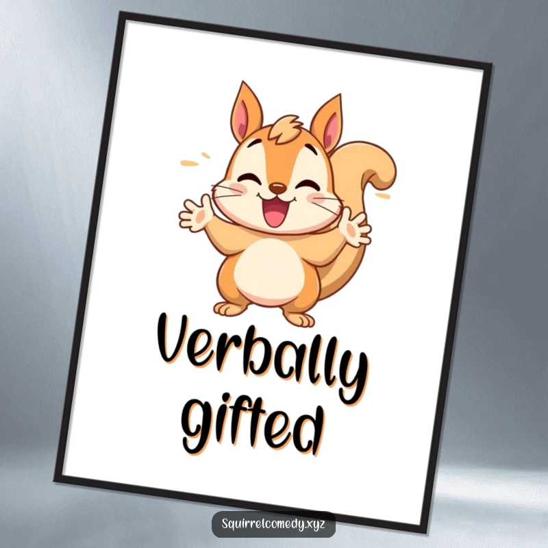 Funny digital art print of a chattering squirrel character gesturing wildly with its paws, symbolizing animated conversation and fun.