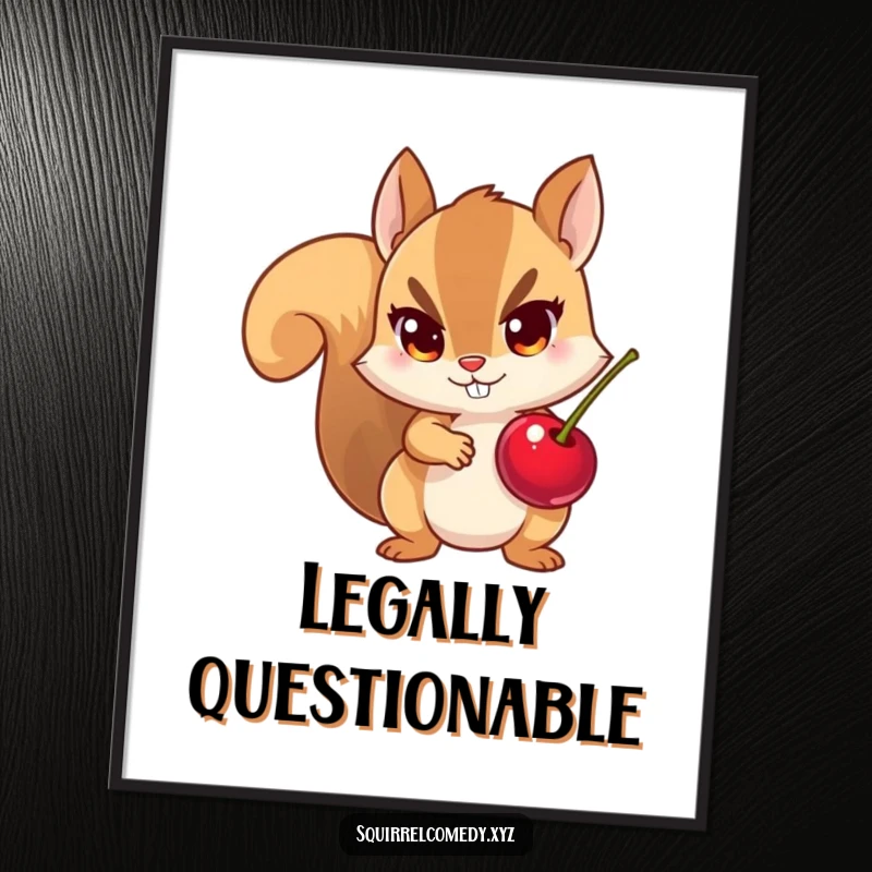 Funny digital art print of a squirrel holding a stolen cherry, mischievous eyes, conveying playful thievery and humor.