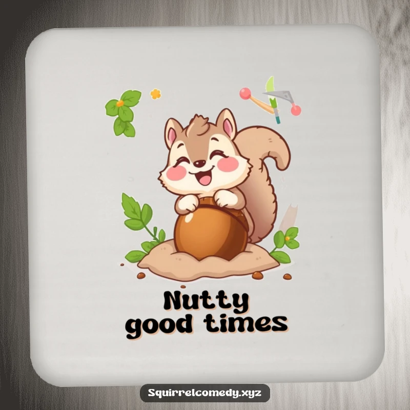 Funny drink coasters featuring a fluffy squirrel character excitedly burying a giant acorn, adding playful charm to tabletops.