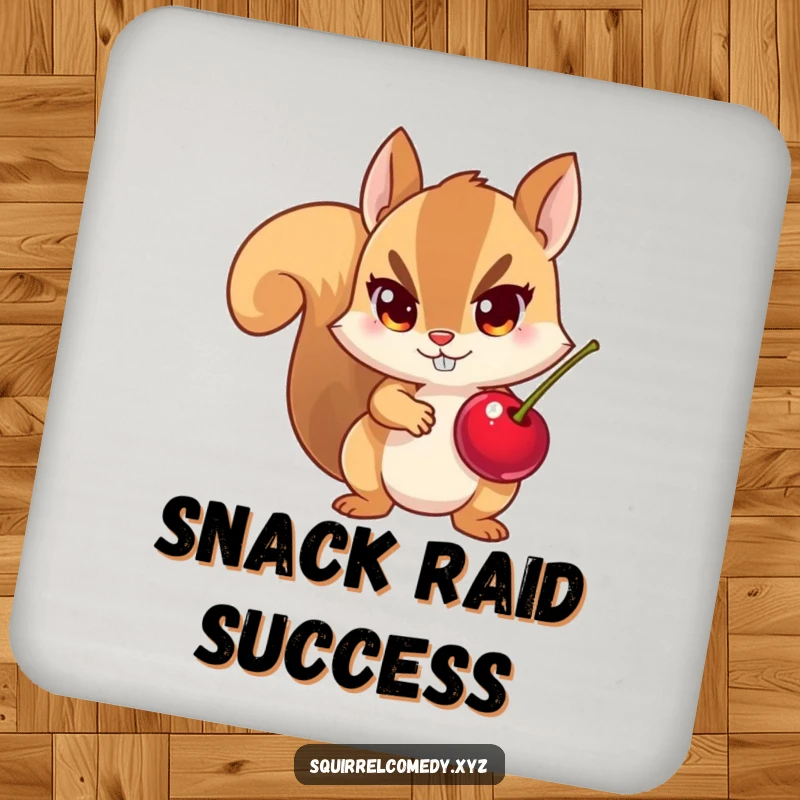 Funny drink coaster featuring a small squirrel with a stolen cherry and mischievous eyes, adding humor to any tabletop.