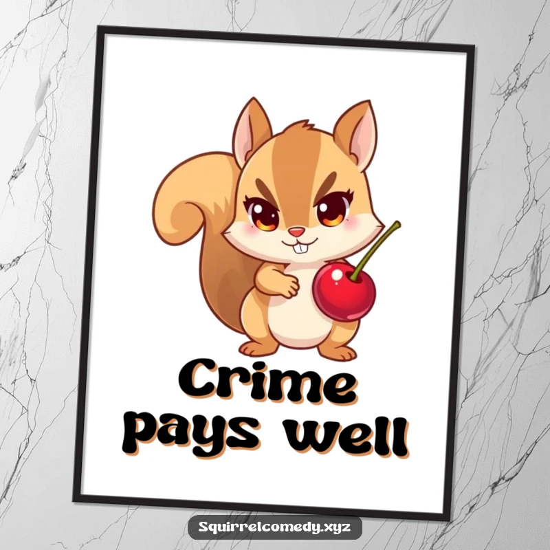Funny poster print of a squirrel with a stolen cherry, mischievous eyes, bringing a humorous, artistic touch to any wall.
