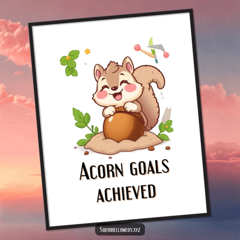 Funny poster of a fluffy squirrel character excitedly burying a giant acorn, bringing playful energy and humor to decor.