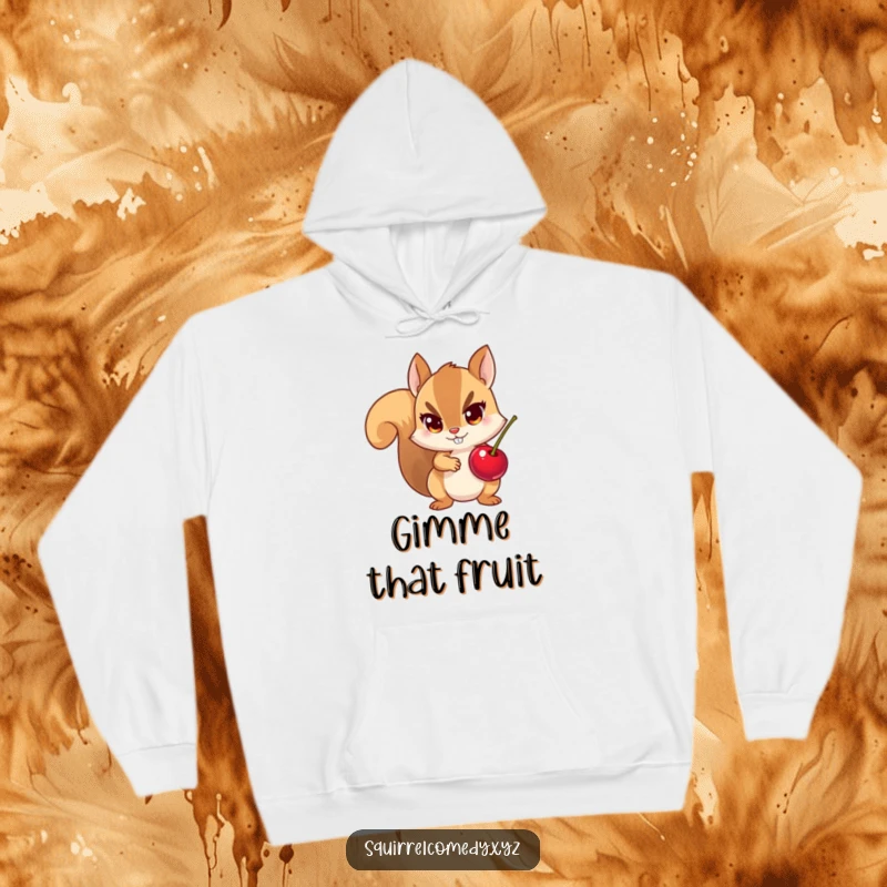 Funny hoodie design of a squirrel caught with a stolen cherry, mischievous eyes wide, embodying sneaky and cute humor.