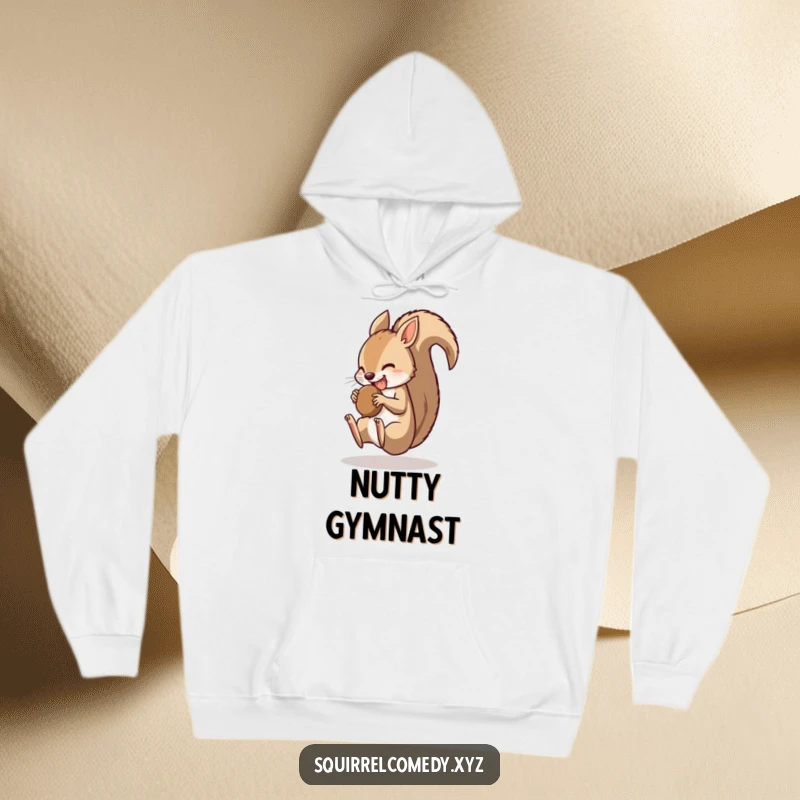 Funny hoodie design of a squirrel doing a swift somersault with a nut in its mouth, embodying speed and determination.