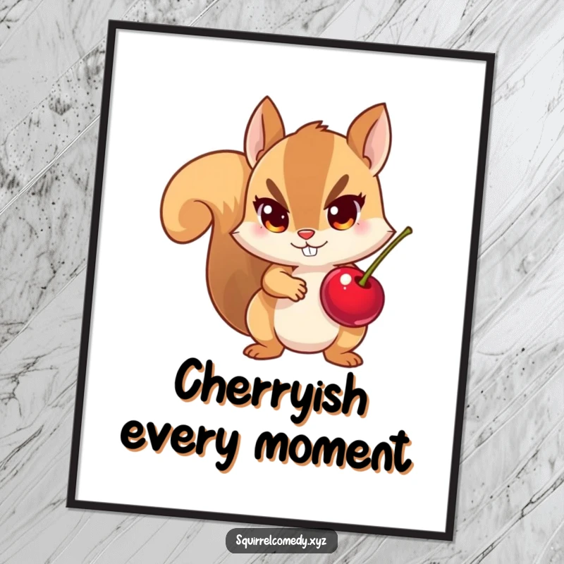Funny Free Printable Wall Art: A mischievous squirrel with bright eyes clutches a stolen cherry, creating a humorous statement piece.