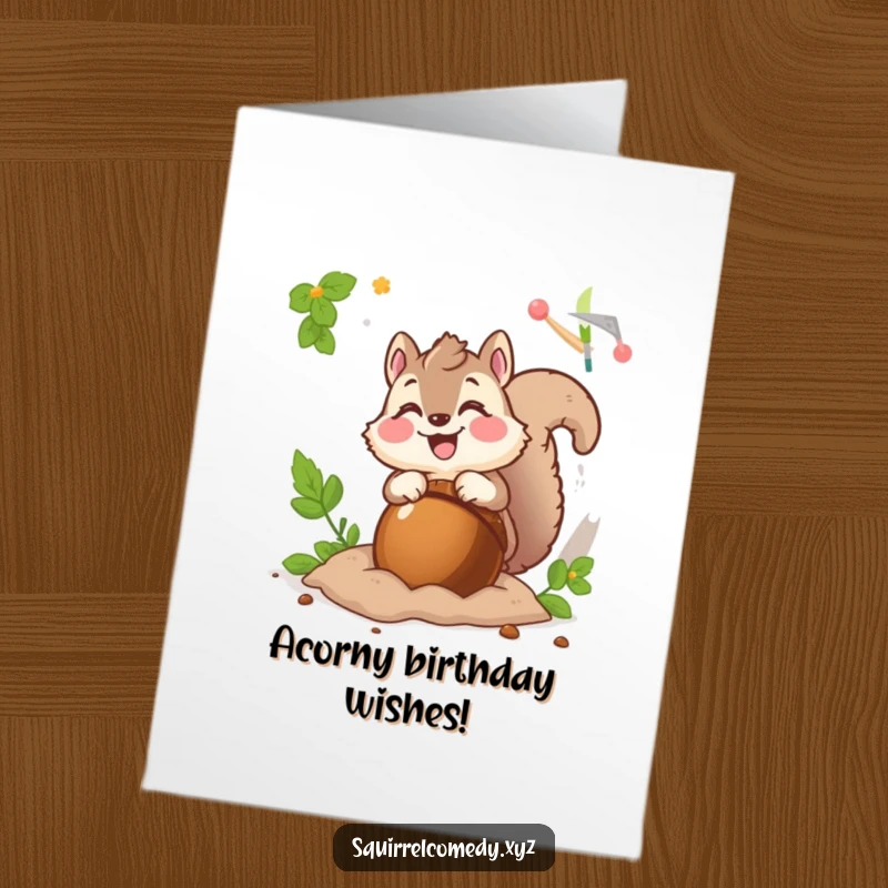 Funny Free Printable Birthday Card of a fluffy squirrel character gleefully burying a giant acorn with a huge grin, perfect for nature lovers.
