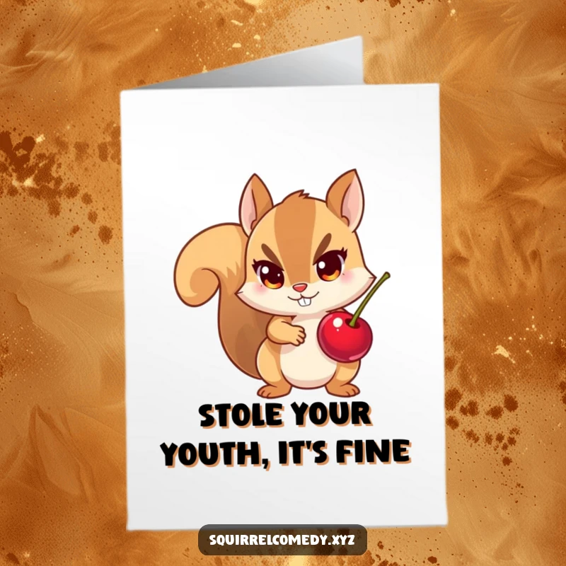 Funny Free Printable Birthday Card: Mischievous squirrel caught red-pawed with a stolen cherry, plotting its next move.
