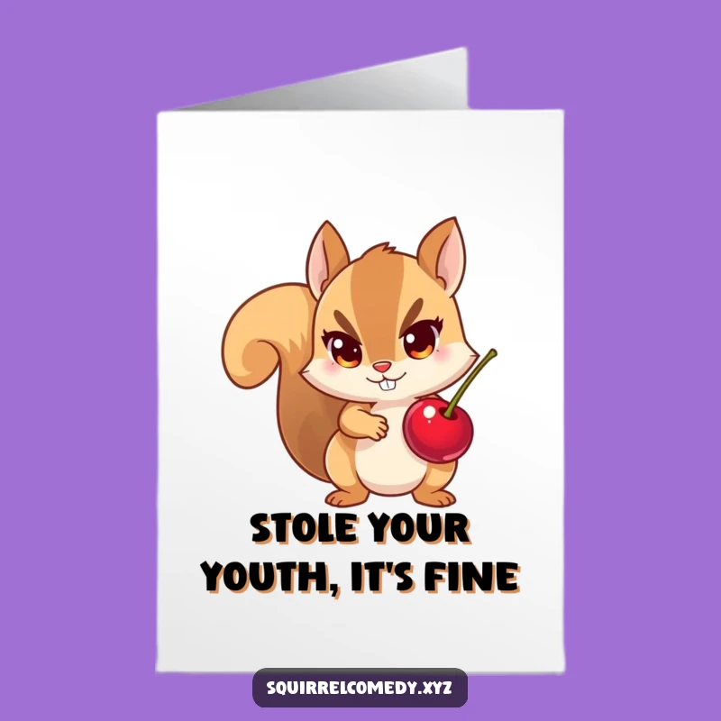 Free Printable Birthday Card: Funny Squirrel Thief, Mischievous Cherry - Downloadable Gift