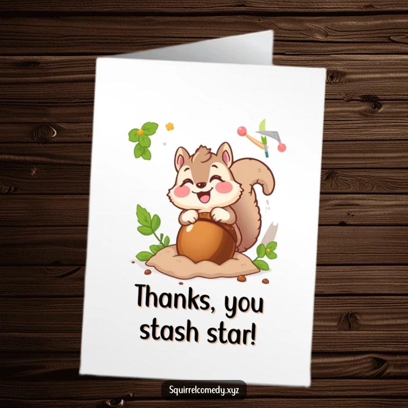Funny Free Printable Thank You Card of a fluffy squirrel character burying a giant acorn with a grin, expressing thanks humorously.