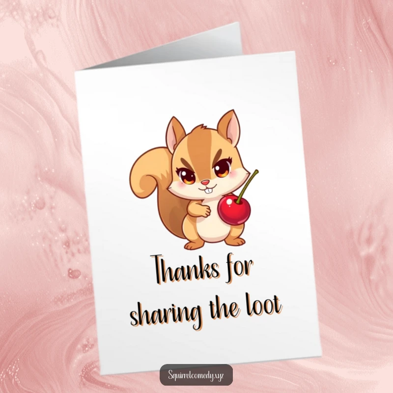 Funny Free Printable Thank You Card: Adorable squirrel with a stolen cherry, conveying a heartfelt thank you with a smirk.