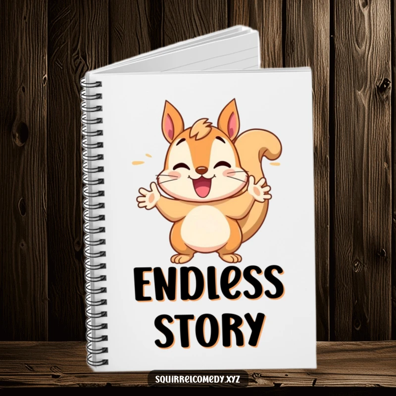 Funny notebook cover with a chattering squirrel character gesturing wildly with its paws, inspiring energetic note-taking.