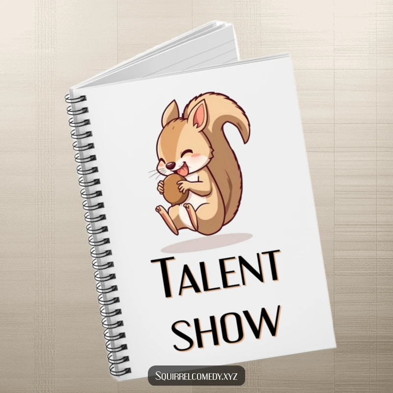 Funny notebook cover with a quick squirrel character doing a somersault with a nut in its mouth, inspiring agile note-taking.