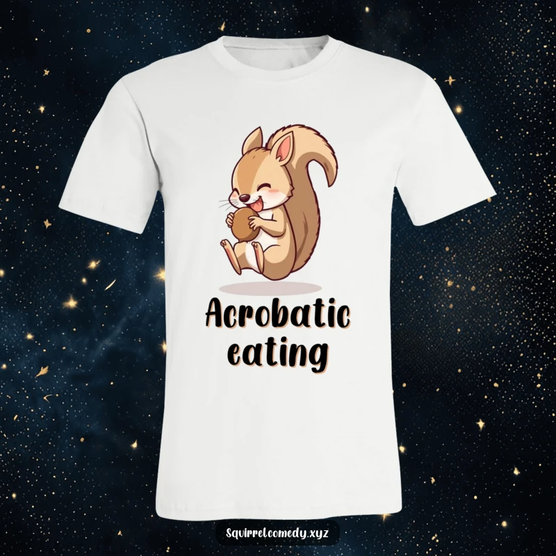 Funny t-shirt graphic of a squirrel performing a somersault with a nut in its mouth, showcasing agility and nutty humor.