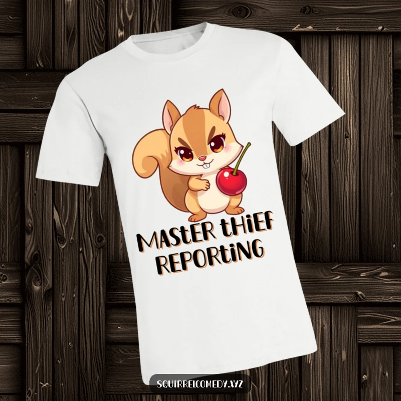 Funny t-shirt graphic of a small squirrel with a stolen cherry, mischievous eyes, and a sly grin, capturing playful thievery.
