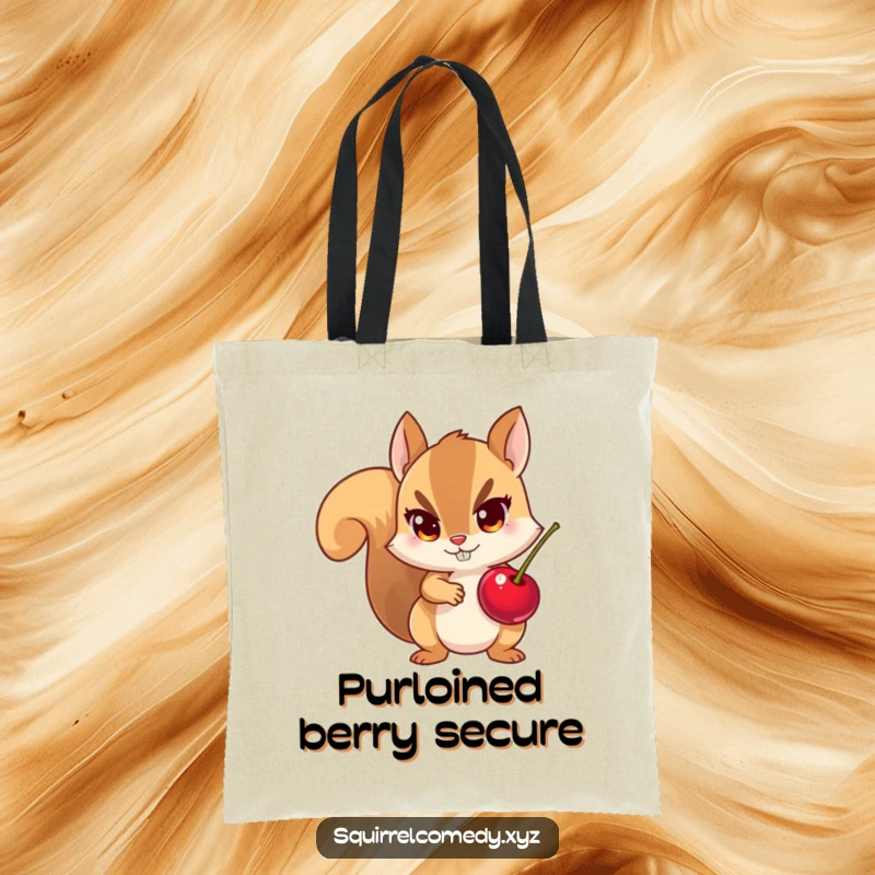Funny tote bag featuring a small squirrel with a stolen cherry, mischievous eyes, ready for a cheeky adventure.