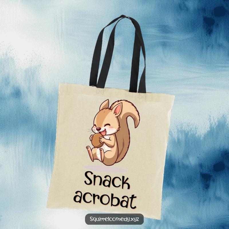 Funny tote bag featuring a quick squirrel character doing a somersault with a nut in its mouth, perfect for carrying necessities.